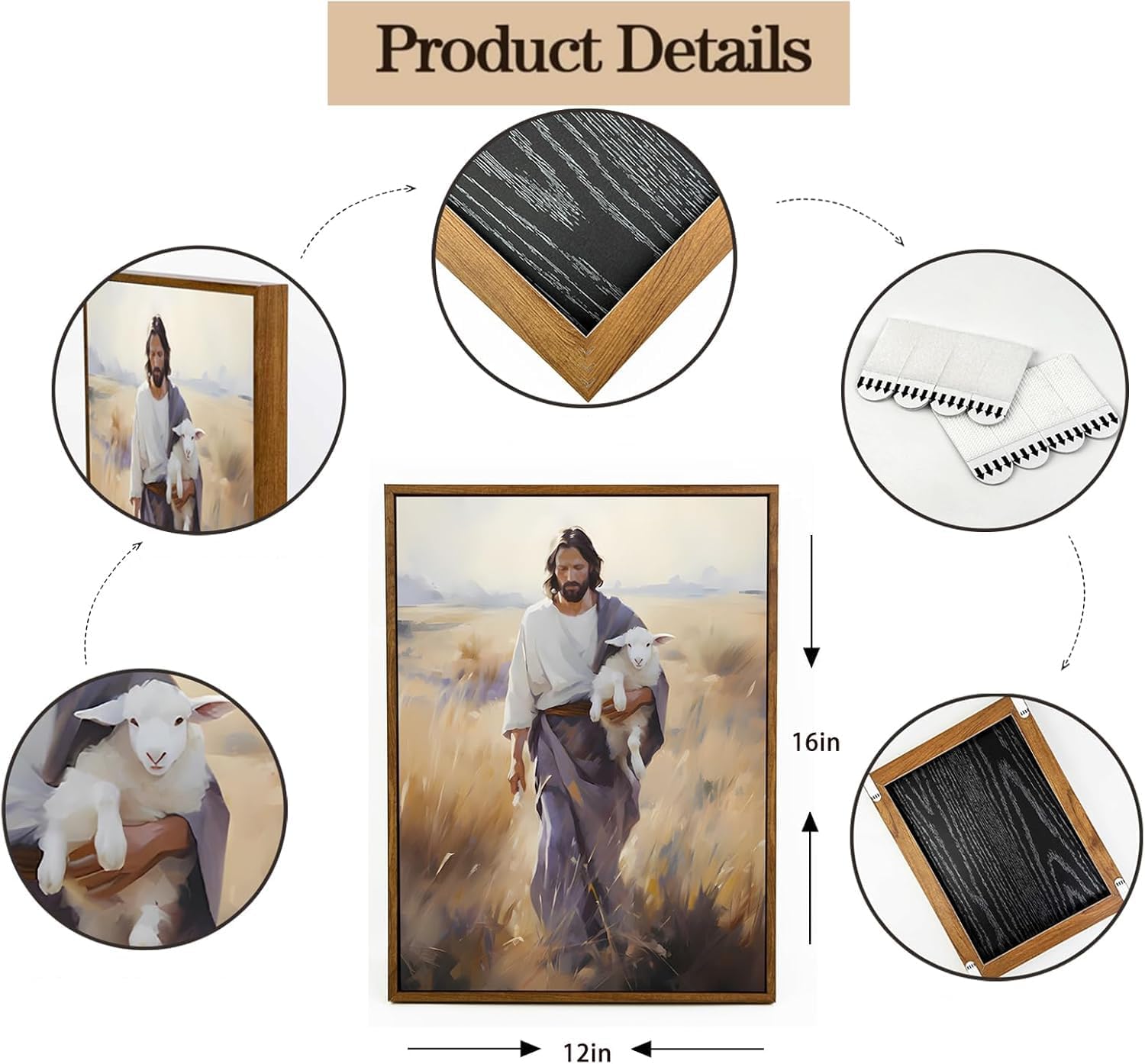 Framed Jesus and Lamb Canvas Wall Art Jesus Christ The Good Shepherd Picture Prints God Faith Poster Artwork Christian Home Bedroom Decoration 12x16in
