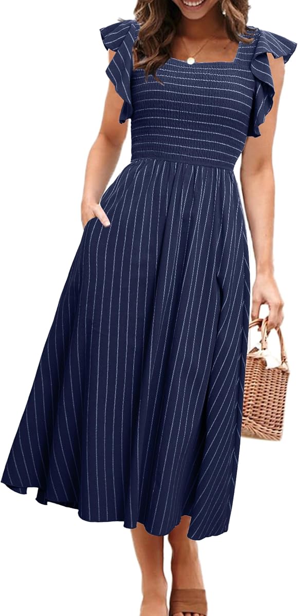 Womens Summer Smocked Midi Dress Casual Flutter Sleeve Long Boho Flowy A Line Church Modest Dresses with Pockets