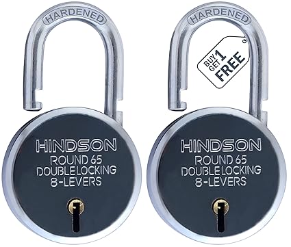 HINDSON India Round 65mm Lock | Metal Body | Double Locking | 8 Steel Lever | 3 Silver Keys with Keychain | Silver Finsih | Pack of 2 | Made in India