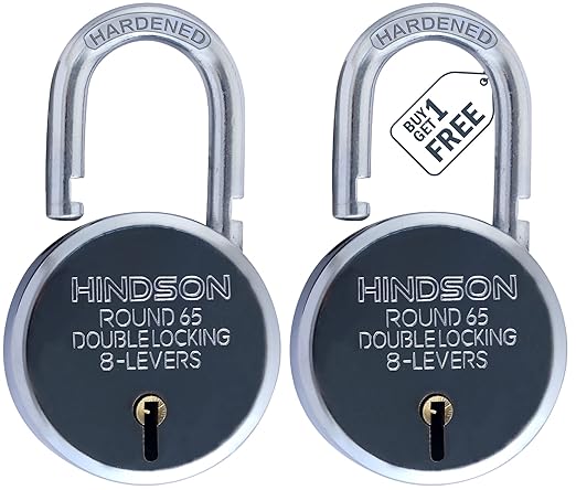 HINDSON India Round 65mm Lock | Metal Body | Double Locking | 8 Steel Lever | 3 Silver Keys with Keychain | Silver Finsih | Pack of 2 | Made in India at Rs. 433