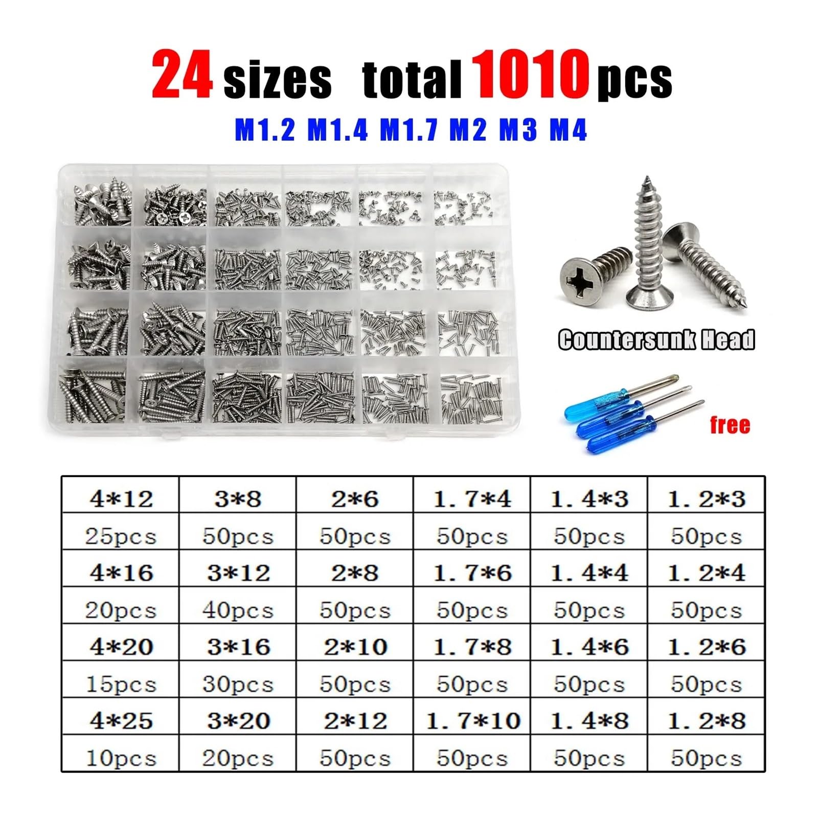 1 Kit Mix Größen M1.2 M1.4 M1.7 M2 M3 M4 Flache Senkkopf Rundkopf Selbstschneidende Holzschrauben Set 304 Edelstahl(Countersunk 1010pc)