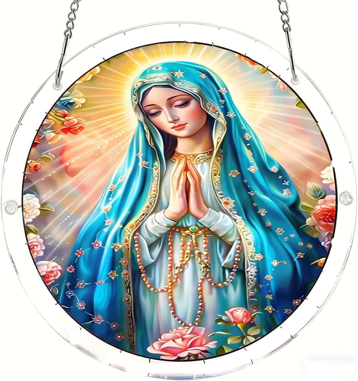 Virgin Mary Surrounded by Flowers Acrylic Jigsaw Puzzles Suncatcher, 8.9 Inch Window Hanging Suncatcher Acrylic Puzzle, DIY Home Decor Art Gift