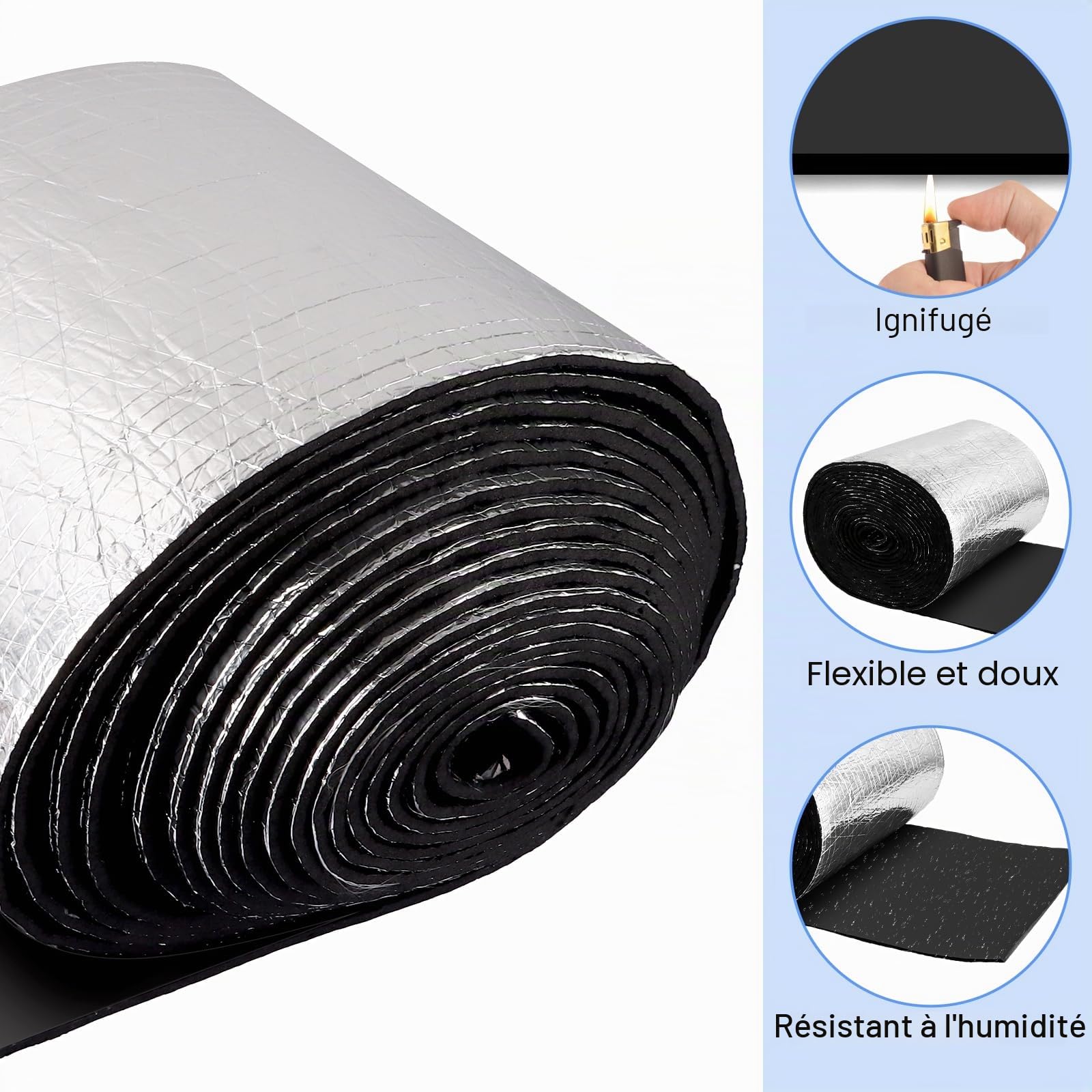 Plaque Isolante Thermique Autocollante 5mm, Isolant Thermique Réfléchissant en Aluminium, Isolant Caoutchouc pour Sol, Mur, Combles, 32 cm x 10 m