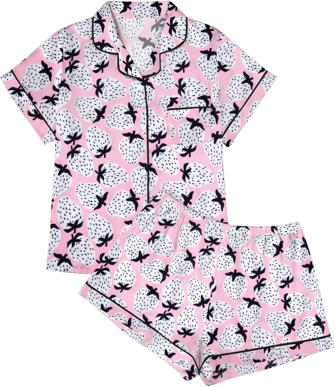 LUKYCILD Women Satin Pajama Set Bow Graphic Pajamas Short Sleeve Button Down Sleepwear 2 Piece Pjs Lounge Short Sets