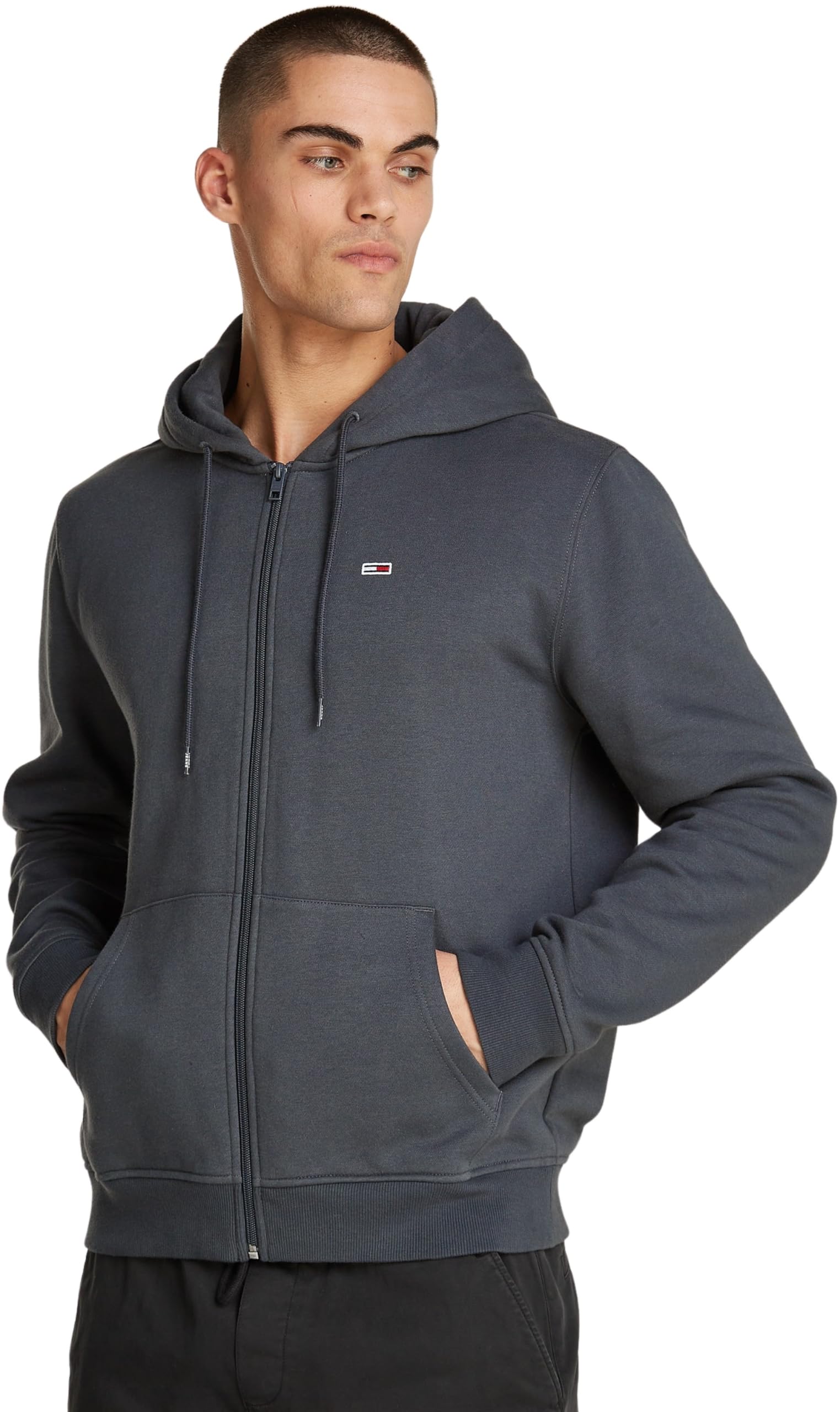 Tommy Jeans Men’s Flag Fleece Zip Through Hoodie, Grey (New Charcoal), XS