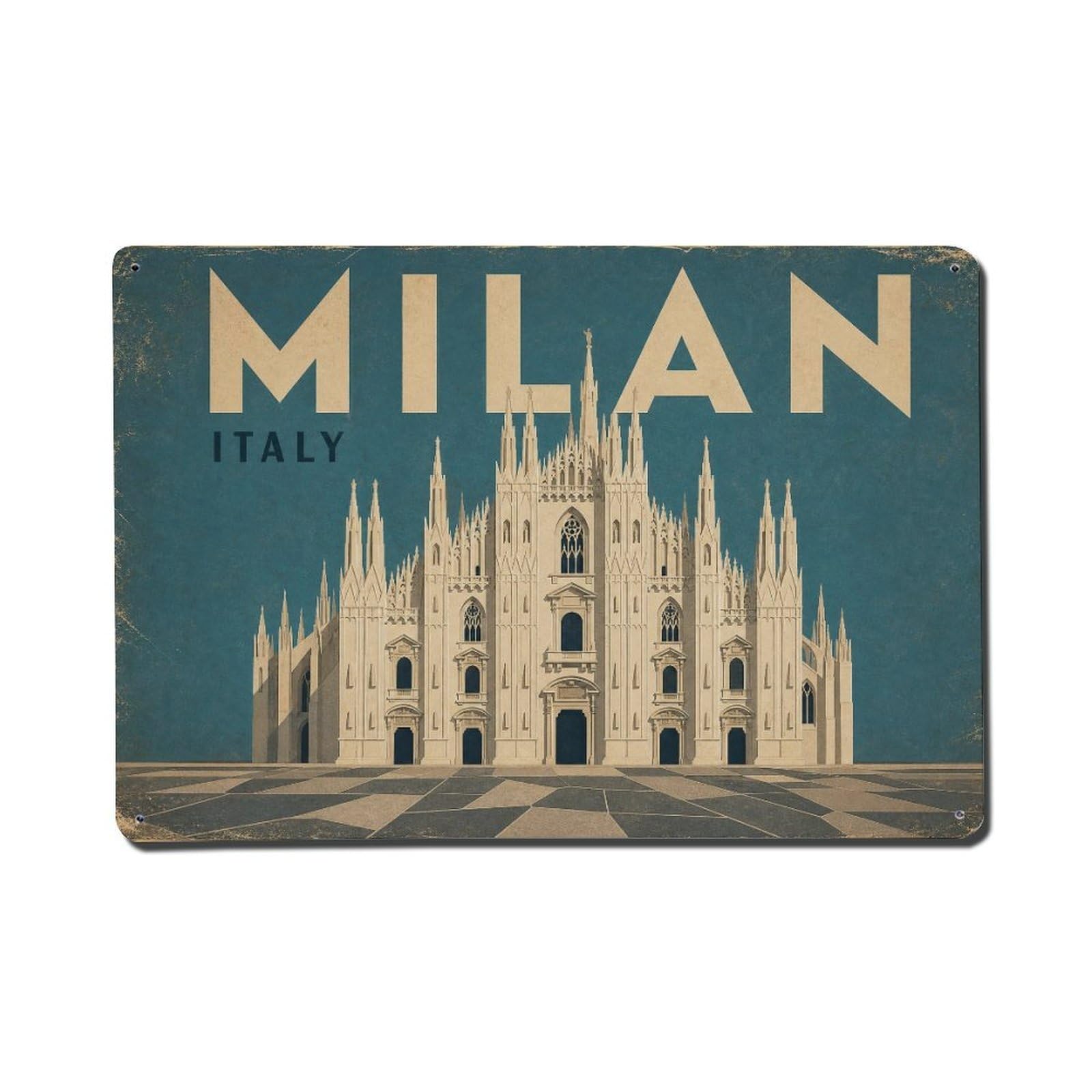 Vintage Travel Italy Milan Metal Tin Sign Plaque Wall Decor for Cafe, Club Bar, Office, Garden Metal Poster 8x12Inch