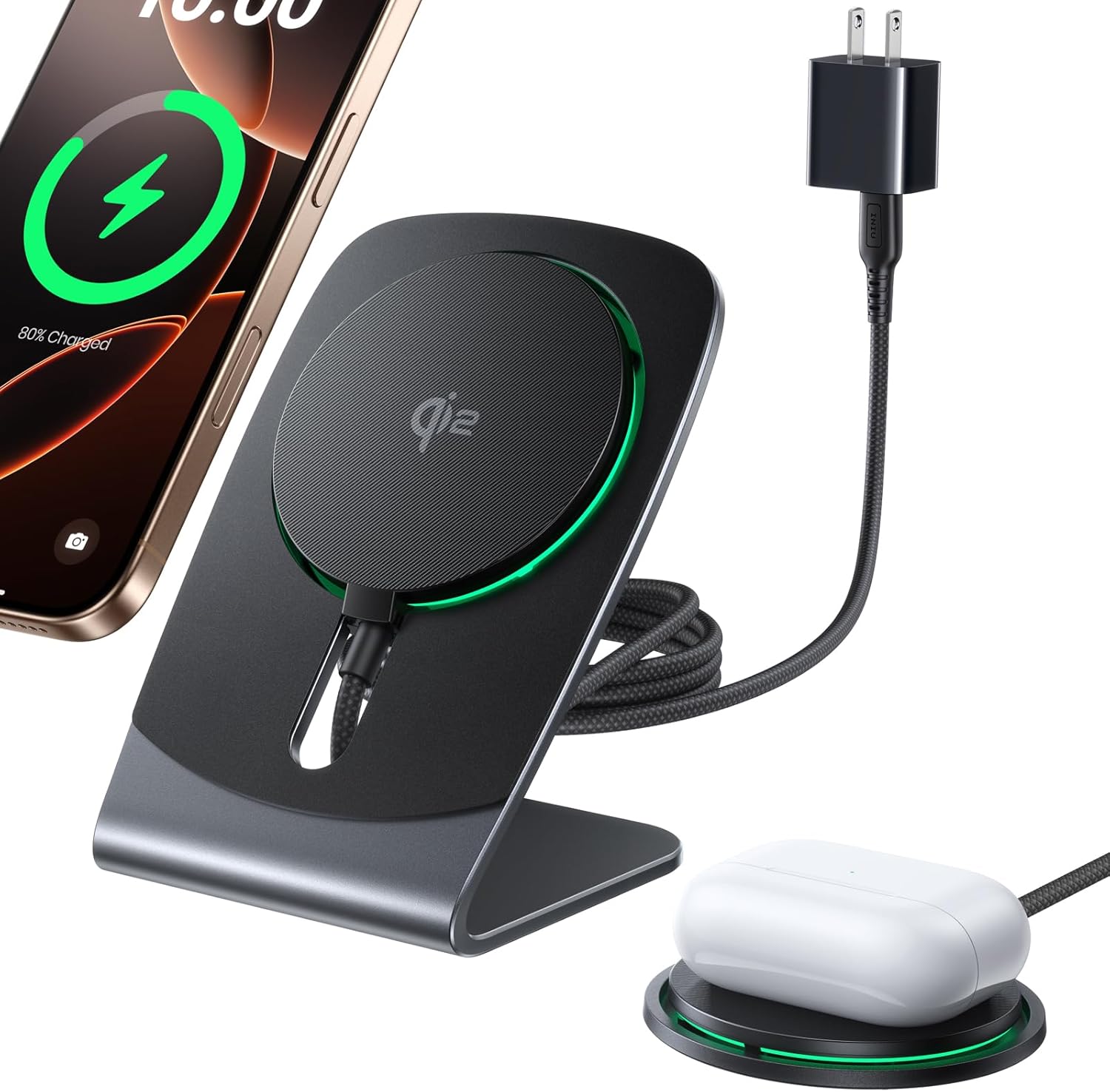 INIU Magnetic Wireless Charger Stand connected to a power adapter, with an iPhone and AirPods also shown.