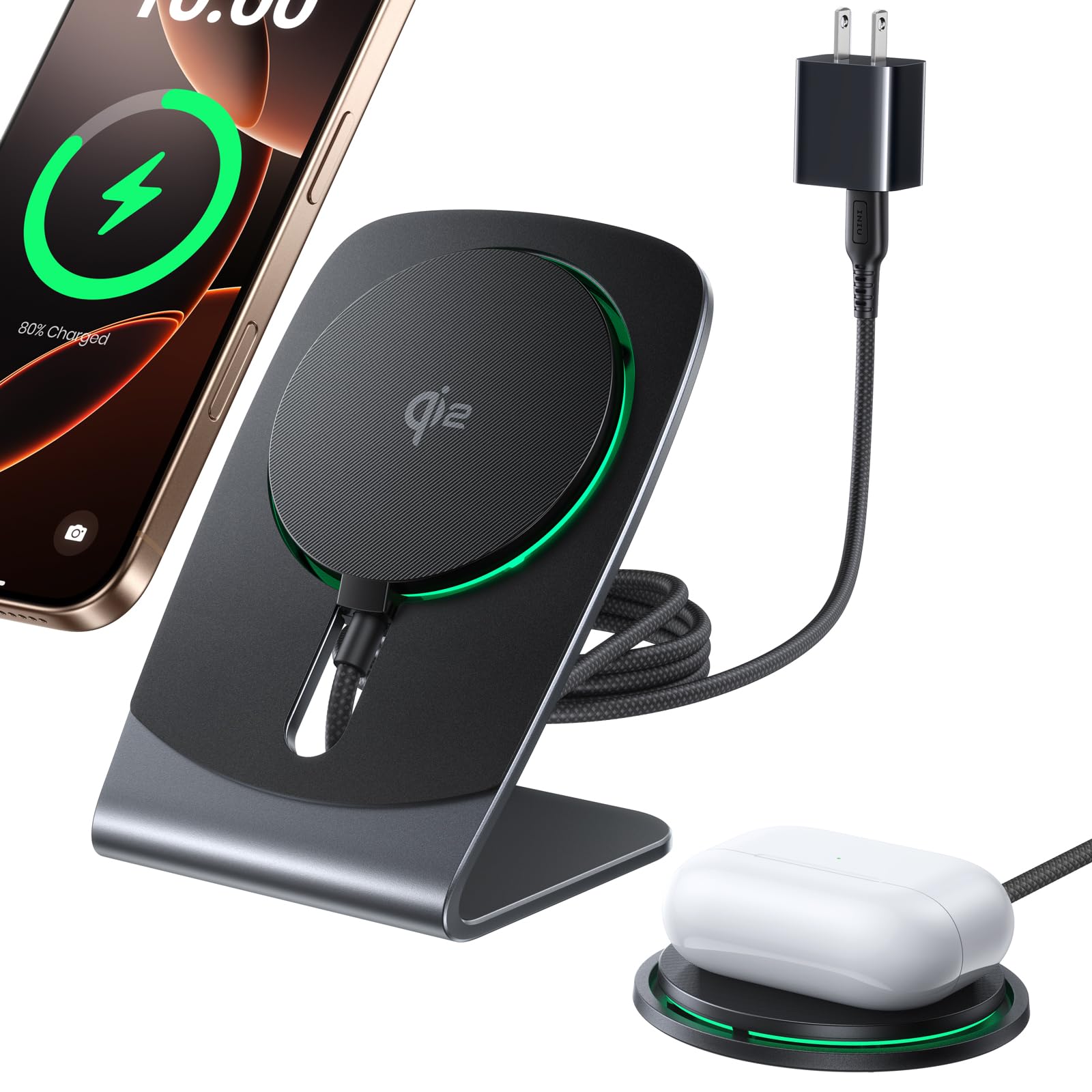 INIU Magnetic Wireless Charger Stand, Qi2 Certified 15W Convertible Charging Station with Cooling Fan, Fast Charging Pad for iPhone 17 16 15 14 13 12 Series AirPods 4 3 Pro2 Pro (with Adapter)