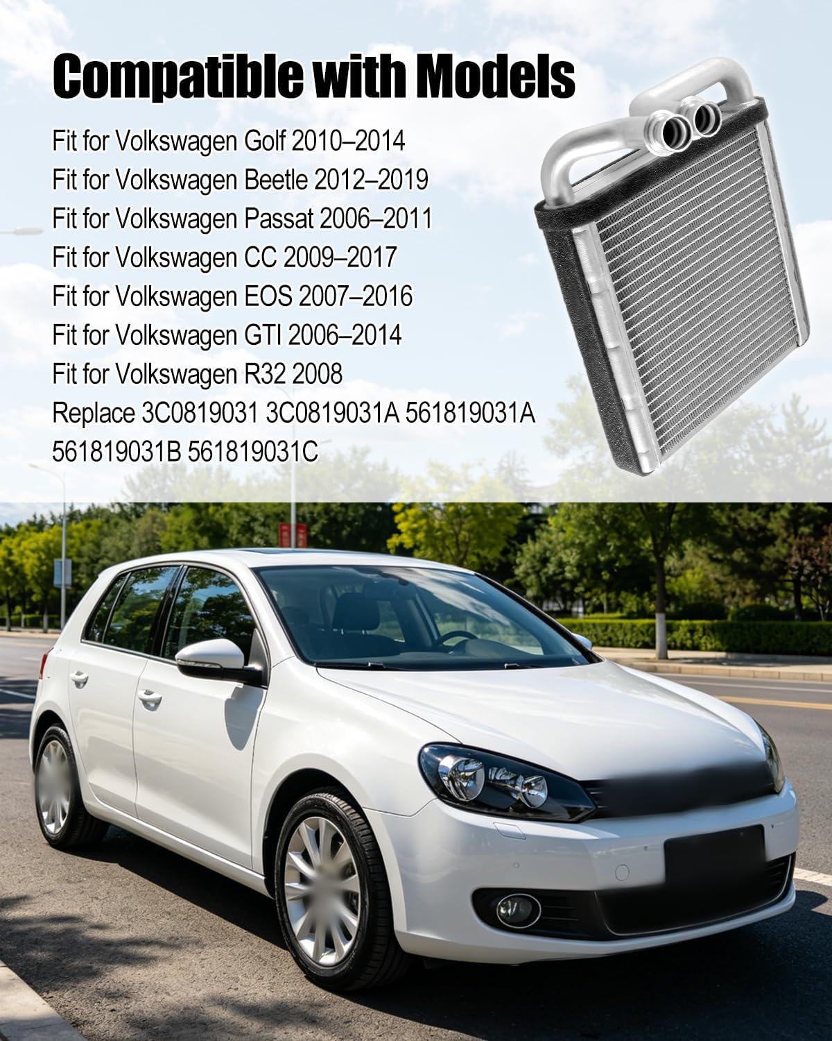PWSLKO Heater Core Fit for Volkswagen Golf 2010-2014 Beetle 2012-2019 Passat 2006-2011 CC 2009-2017 EOS 2007-2016 GTI 2006-2014 R32 2008 Replace 3C0819031 561819031