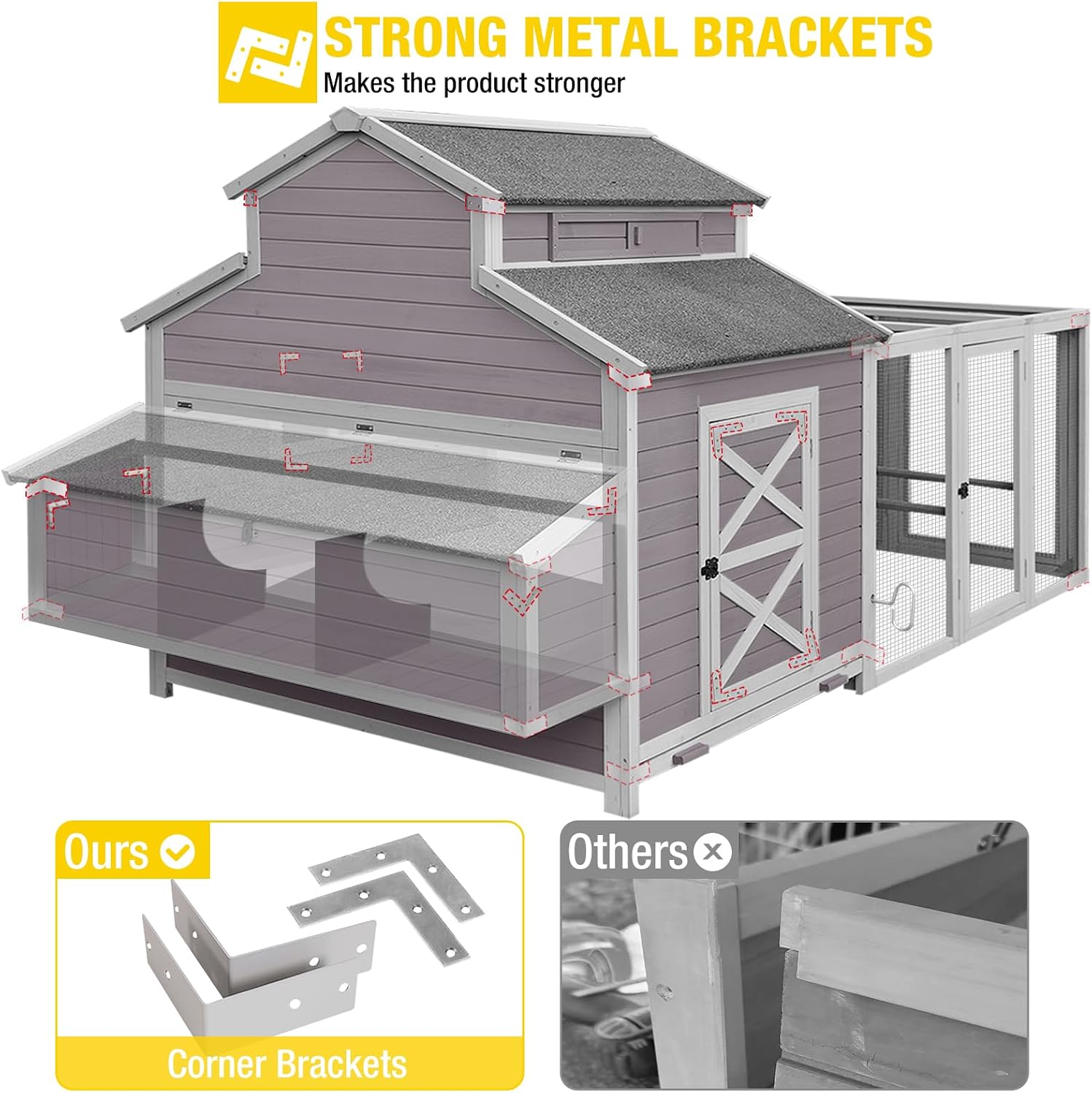 Aivituvin Chicken Coop Large 115" Wooden Chicken House with Run for 8-10 Chickens, Duck House Outdoor Poultry Cage with Nesting Box, Removable Tray, Waterproof Roof, Secure Hen House