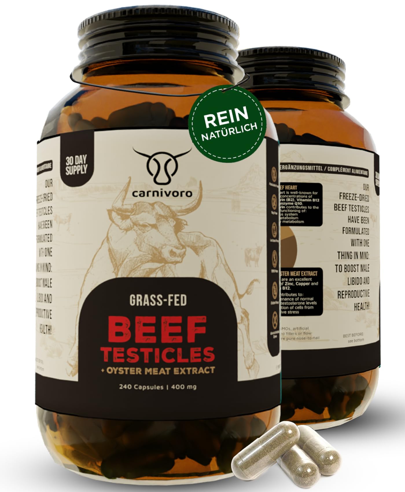Carnivoro Grass Fed Beef Testicles mit Austernfleischextract - 240 Kapseln - 30 Tage Packung - Keto - Paleo