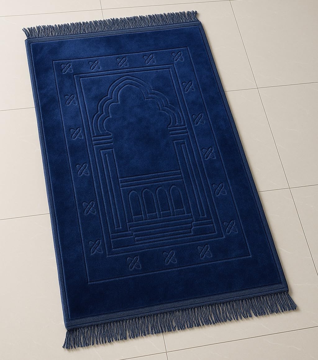 Aksamitna muzułmańska orientalna mata modlitewna, antypoślizgowa, wyściełana i gruba - 910 gramów (niebiesko-szary wzór 2, 80x120 cm)
