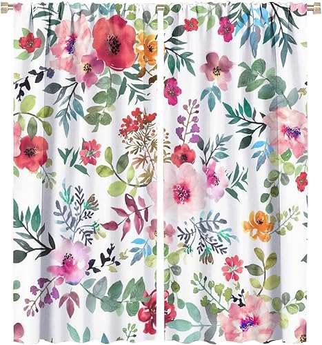 Miniatura 377 de Retro 70s Floral Blackout Window Curtains, Watercolor Flower Plant Rustic Modern Style Pattern Window Drapes, for Bedroom Living Room 42x45in 2