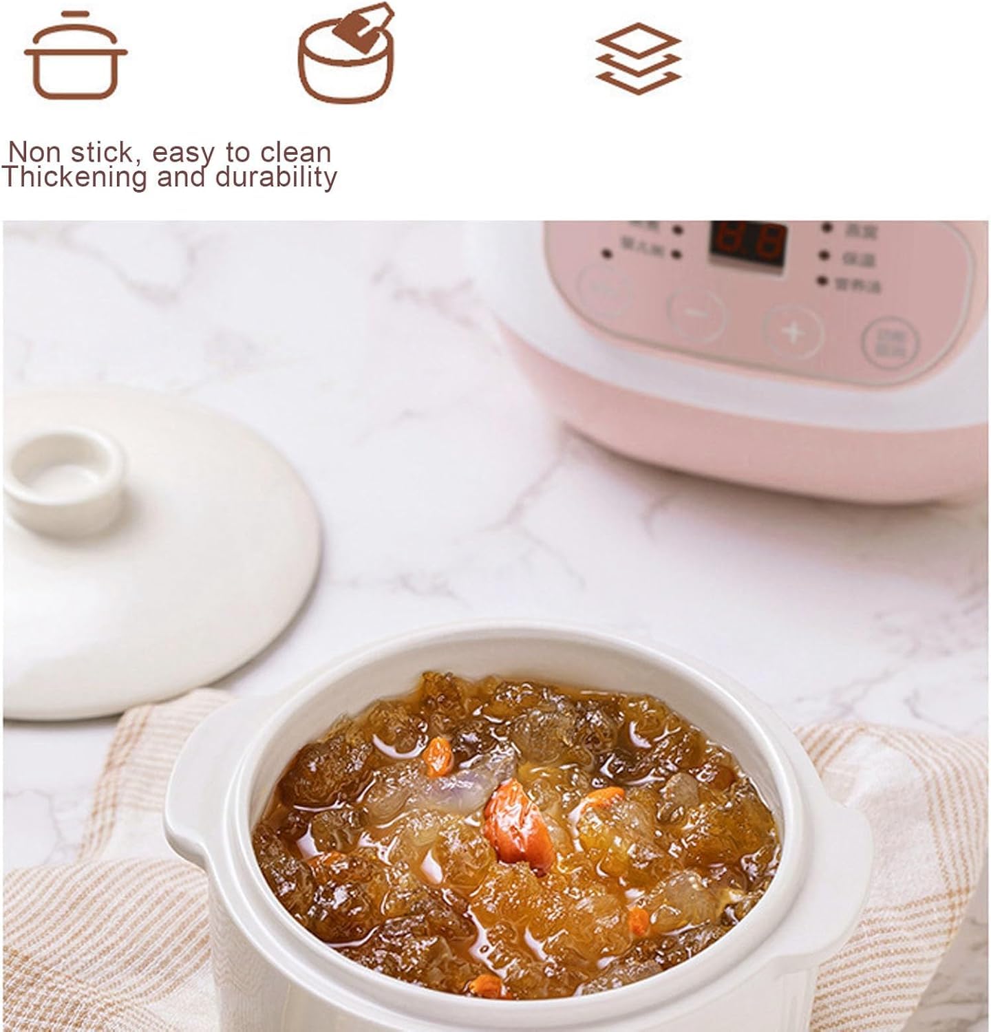 Olla Eléctrica Inteligente De Cerámica De 1 Litro para Sopas - Olla De Cocción Lenta Multifuncional con Sistema Anti-Quemado En Seco, Ideal para Gachas, Guisos Y Comidas Rápidas.