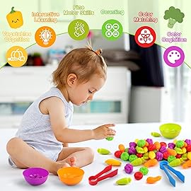 TSYAN Counting Vegetables Matching Games Sensory Toys with Sorting Bowls Preschool Learning Activities Color Classification Fine Motor Educational Toys Set Gift for Boys Girls Toddlers Toys Age 3+