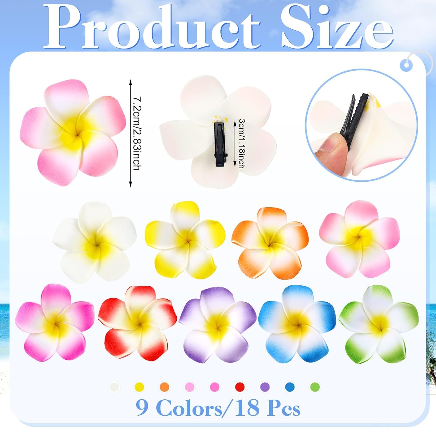 18 Pcs Hawaiian Flower Hair Clips, 2.75 Inch Plumeria Foam Hair Clip Artificial Tropical Flower Hairpins for Beach Vacation Wedding