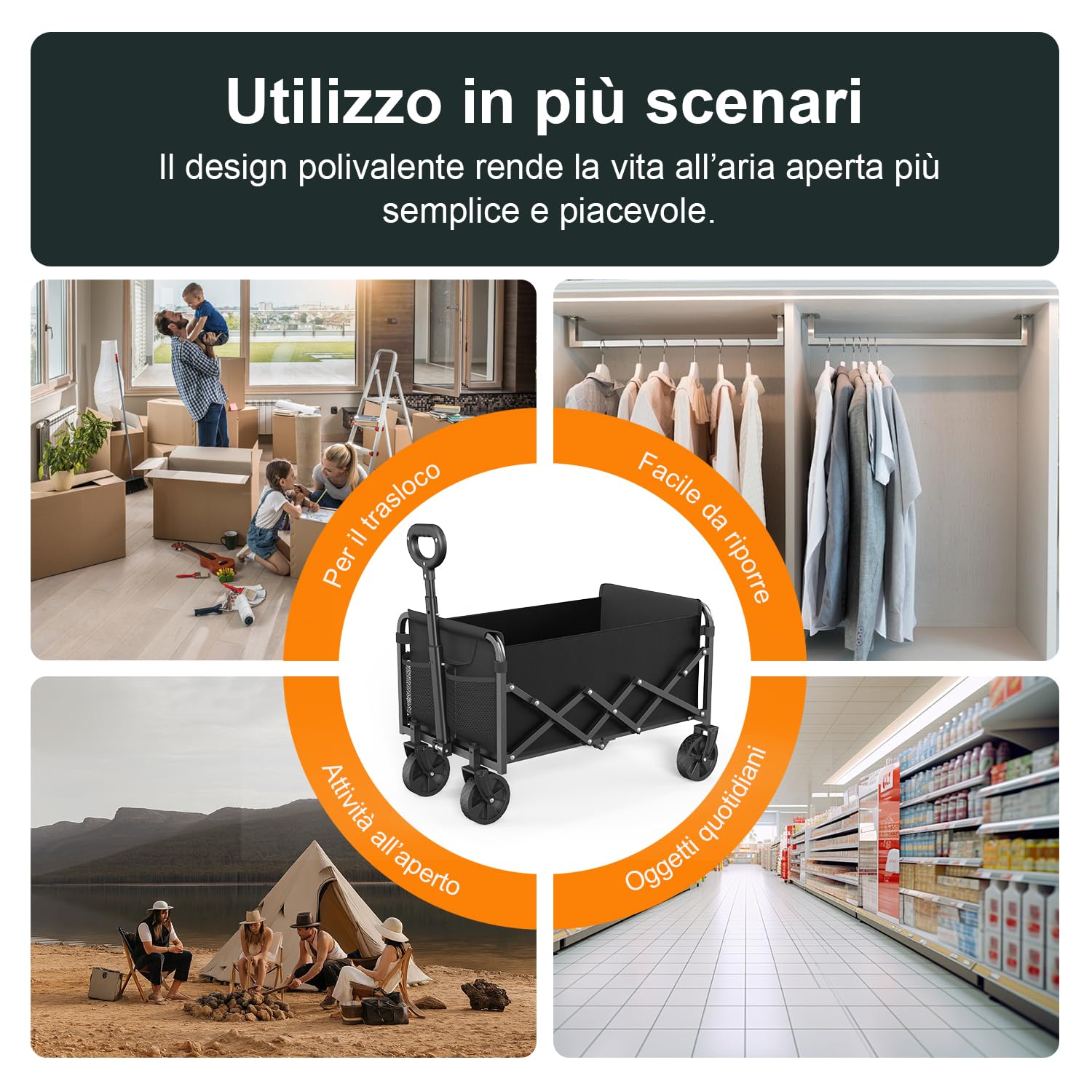 Carrello Pieghevole su Ruote 120L, 160KG Carrello Spiaggia Natale per Animali Domestici con Braccioli Regolabili Sacchetti per Tazze, Trasportatore Picnic per Campeggio All'aperto Giardino