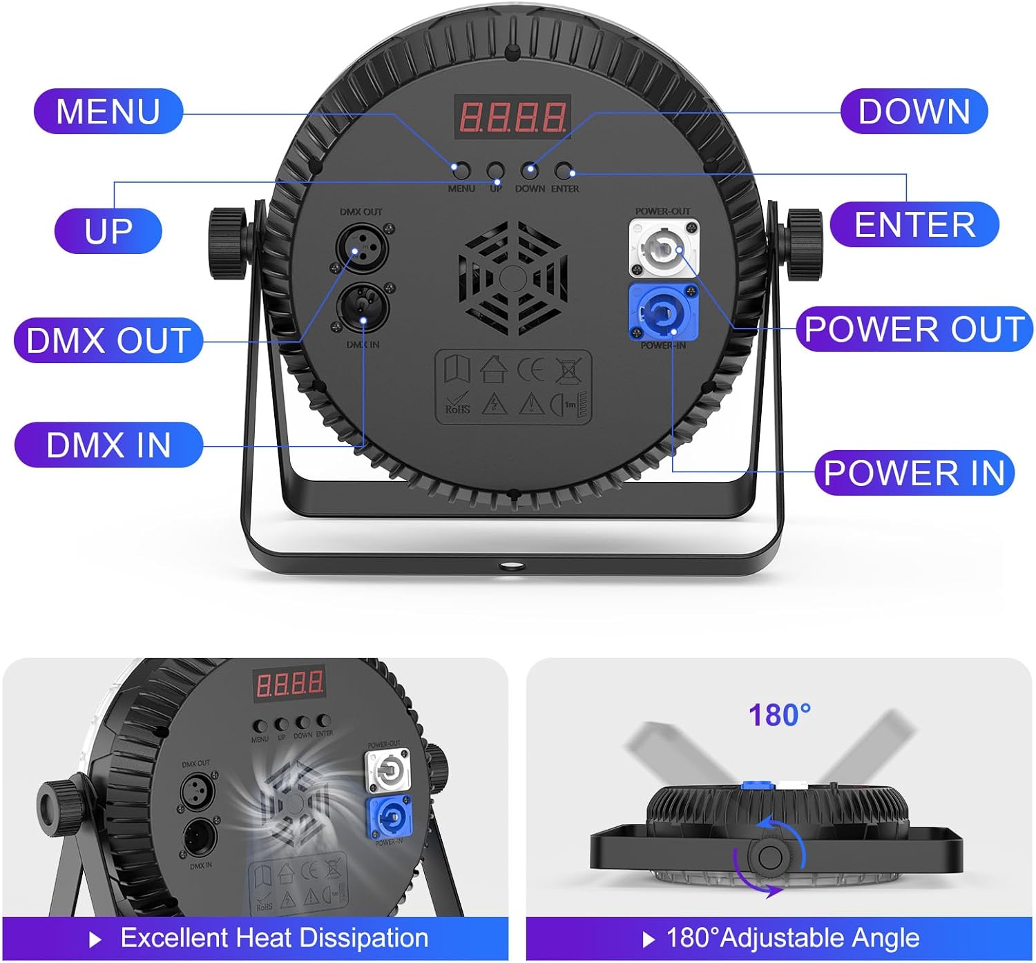 Rear view of ZonQoonz LED Par Light showing DMX and power connections, control buttons, and adjustable bracket.
