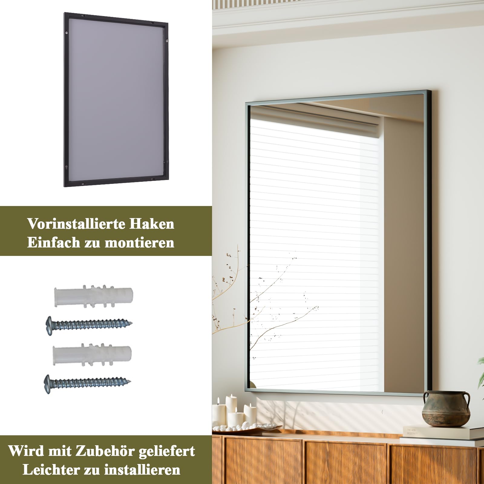 BEAUTYPEAK 76x51cm Rechteckiger Wandspiegel, Badezimmerspiegel mit schwarzem Aluminiumrahmen, Bruchsicherer Wandspiegel für Bad, Schlafzimmer, Wohnzimmer, Rectangular Bathroom Mirror