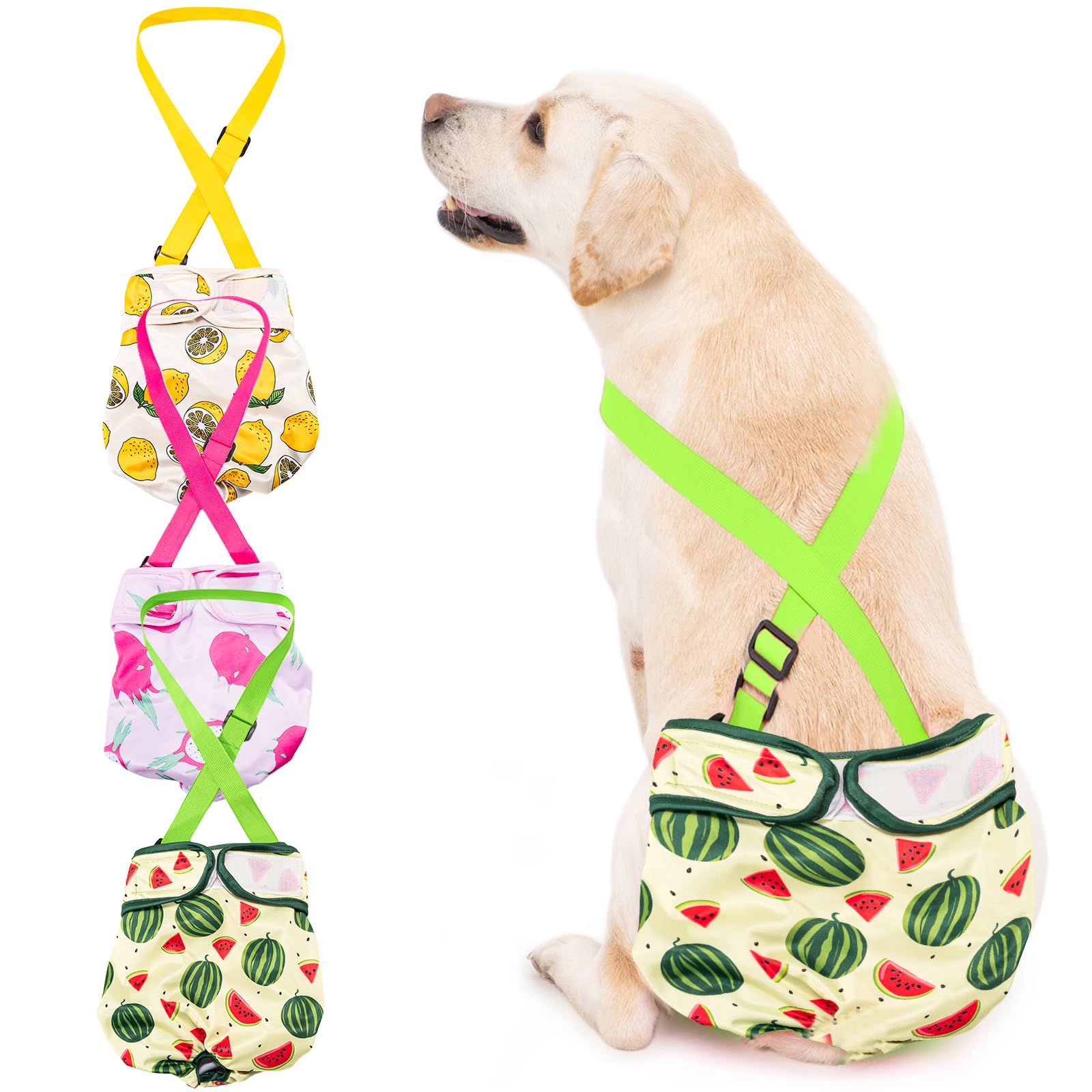 Avont 3 Unidades de Pañales para Perro Hembra, Diseño con Correa al Hombro Reutilizables y Lavables Female Dog Diapers Altamente Absorbentes -L Frutas