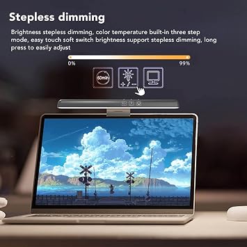 Septpenta Laptop Monitor Light Bar, 9.8in USB C Three Level Color Temperature Computer Monitor Lamp, 2900K 6000K Infinitely Dimmable, Timer Off Function for Desk/Office/Home