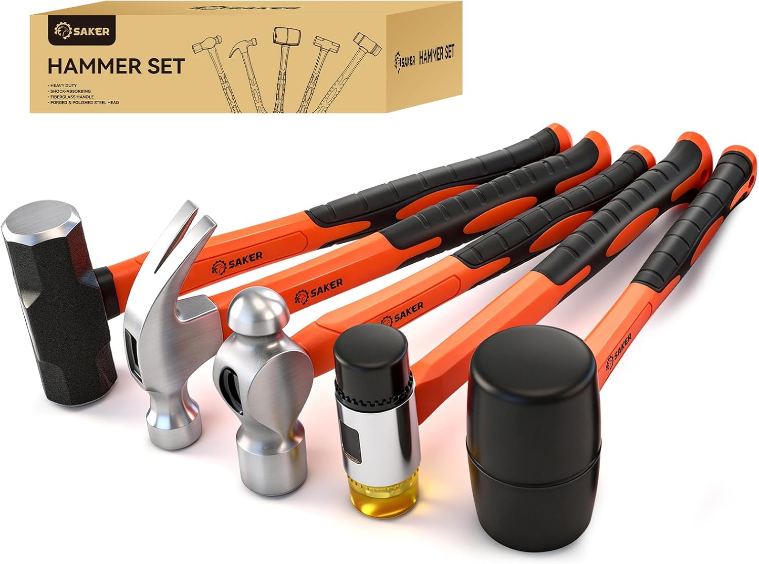 Saker 5-Piece Hammer Set,3lb Sledge Hammer,16oz Rubber Mallet, 16oz Ball Peen Hammer & Claw Hammer, 7oz Cross Peen Hammer for Home Repair & DIY Projects