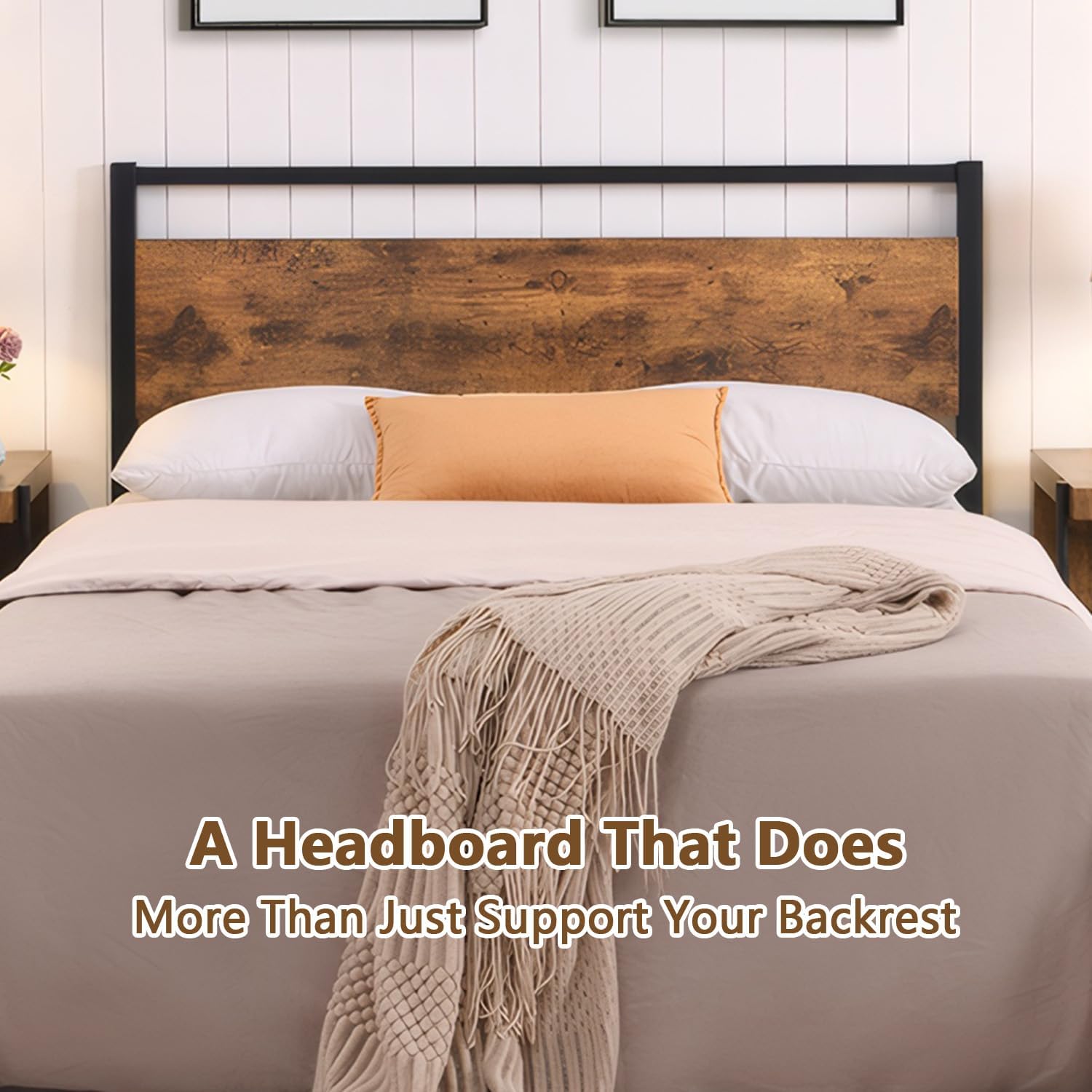 Wood Headboard Full Size Bed, Easy Assembly with Rustic Solid Wood Board, Full Headboard Only with Metal Slats Sturdy,Farmhouse Headboards for Adjustable Bed, Rustic Brown