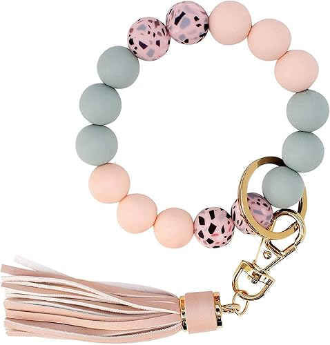BIHRTC Llavero con pulsera de silicona Llavero con brazalete de cuentas de silicona llavero con borla de cuero para mujeres niñas