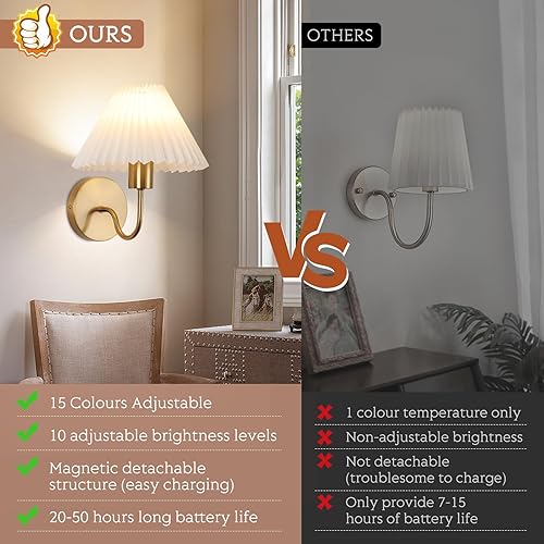 Miniatura 2 de Juego de 2 apliques de pared inalámbricos, plisados, recargables, funciona con pilas, luces de pared doradas, cuello de cisne retro, apliques de