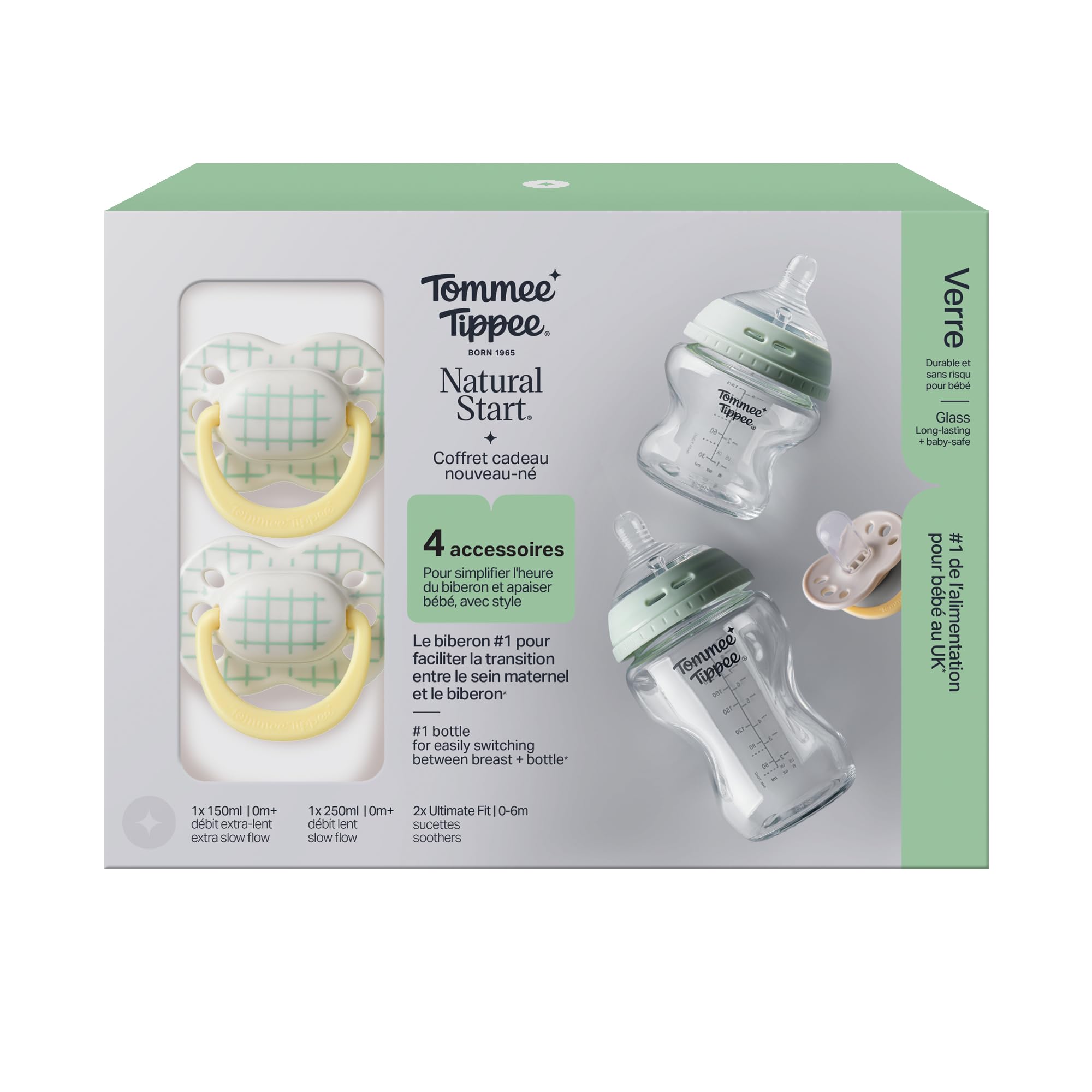 Tommee Tippee Natural Start Geschenkset aus Glas für Neugeborene 150-ml-und 250-ml-Anti-Kolik-Babyflaschen mit Besonders langsamer und Langsamsauger und 2x Ultimate Fit Schnuller, selbststerilisierend