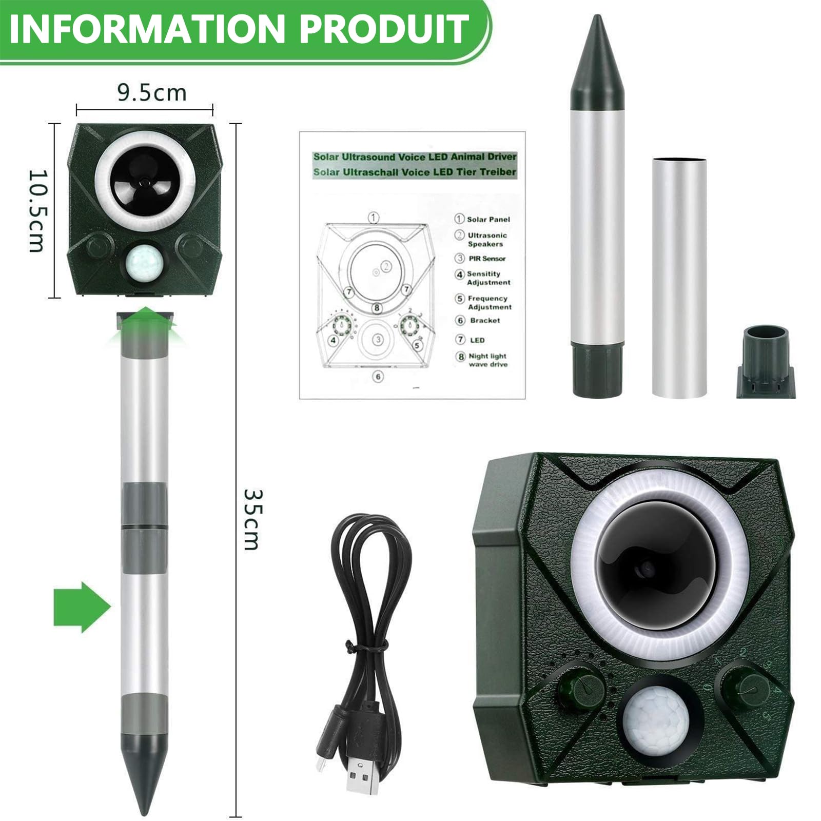 Répulsif Animaux Solaire, Repulsif Chat Exterieur, Ultrason Oiseau, Répulsif Souris, Ultrason Charge Solaire, Chargement USB, Jardin pour Cours, Fermes, Champs (Vert)
