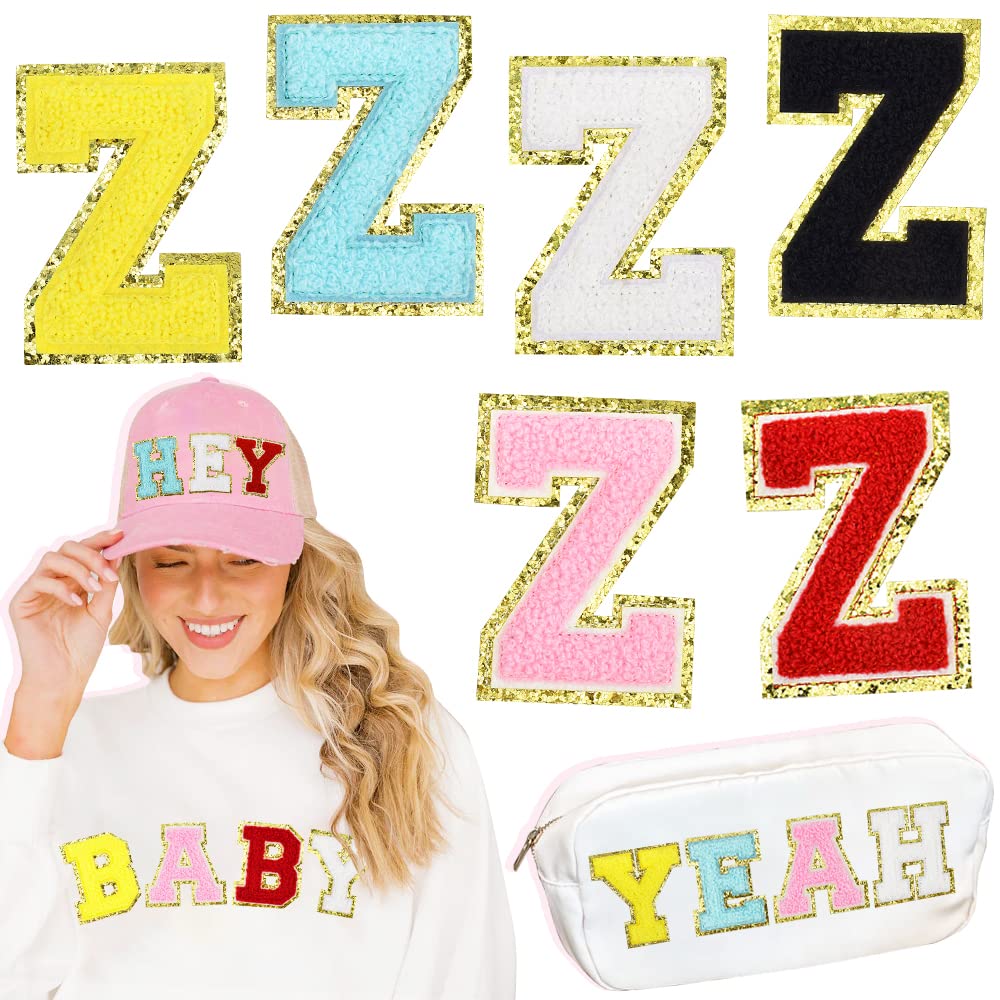 6 Pcs Large 3 Inch Z Chenille Letter Patches, Iron on Letters for Fabric and Clothing, Glitter Embroidery Varsity for Letterman Jacket, Backpacks Hats, Sew or Iron on