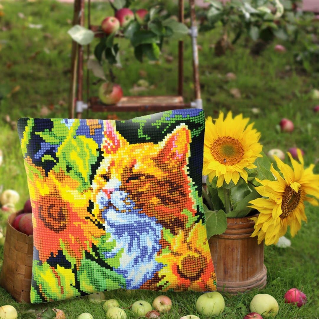 Collection D'Art Cushion Cross Stitch Stamped kit Needlepoint Cat in Sunflowers 5502, quickpoint Pillow Cover 40x40 cm / 16"x16"