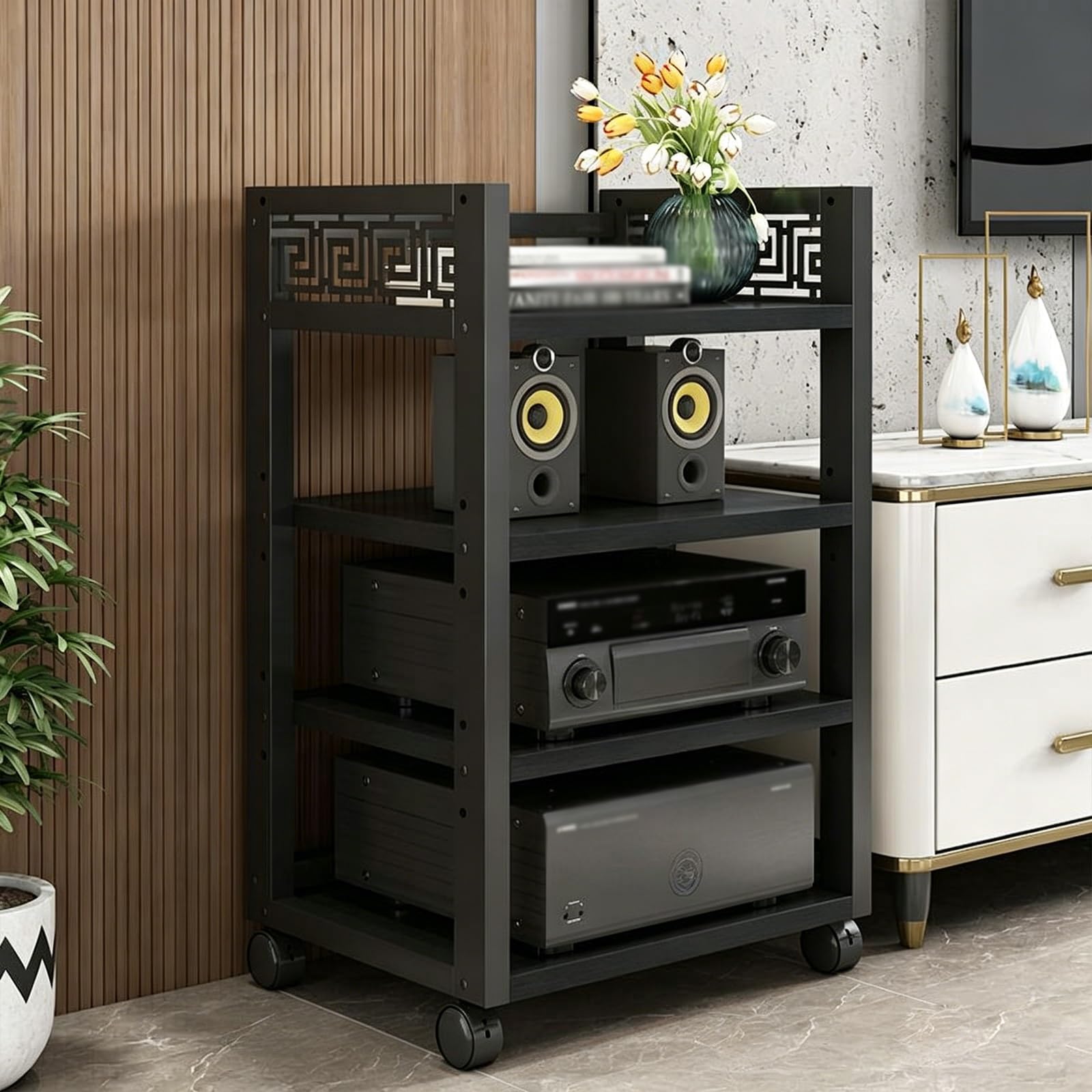 Supporto multimediale AV a 3/4/5 livelli, armadio componente audio/video, mensola angolare in legno mobile, torre audio e centro multimediale per casa/ufficio/DJ/teatro, 4 colori (rilievo nero, 4