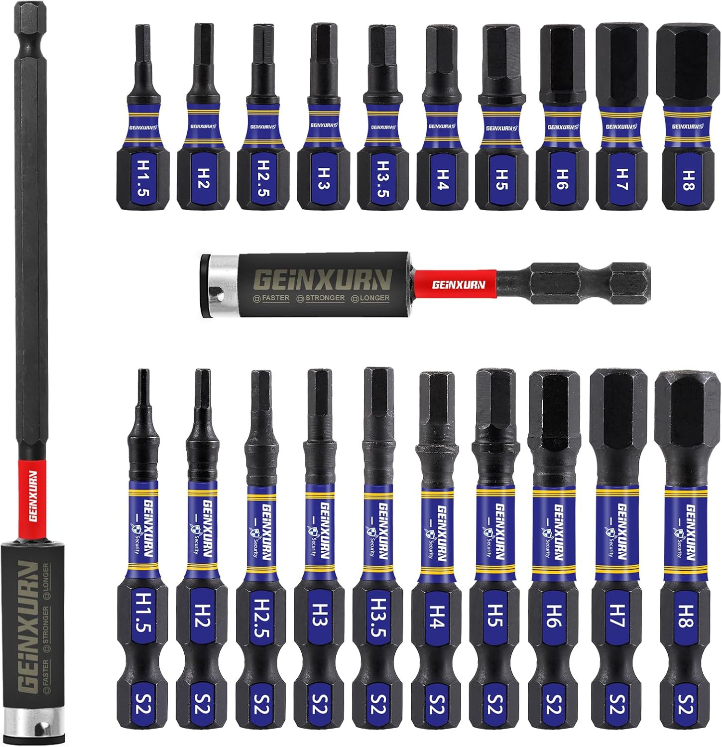 GEINXURN 22 Pieces 1 In./2In Multi Hex Head Impact Tough Magnetic Allen Wrench Drill Bits Set, Metric Power Bits Set, S2 Steel Hex Screwdriver Bit set with 3”6”Extension Bit Holder