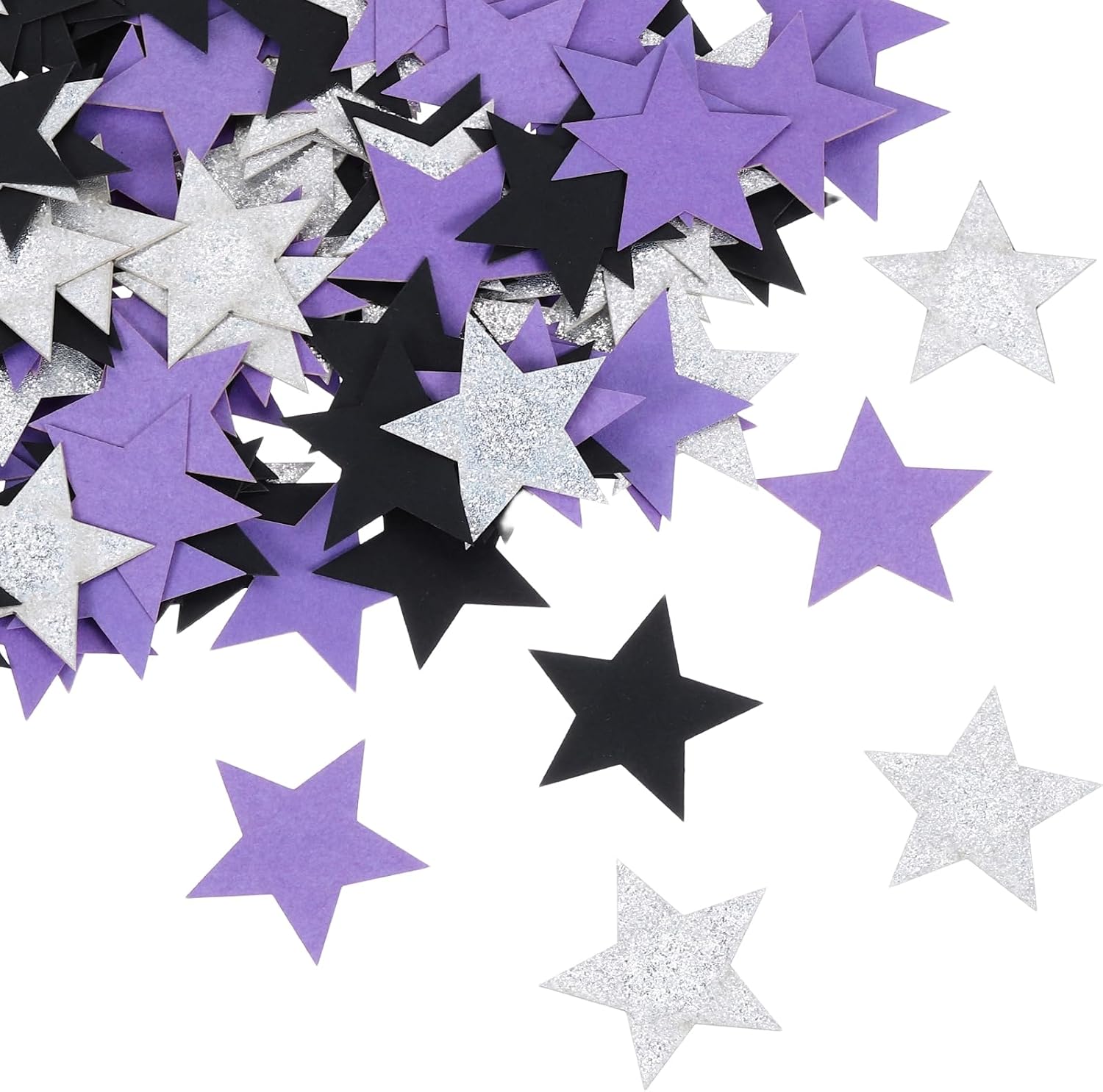 MECCANIXITY 200Pcs Star Confetti Glitter Confetti Table Confetti Decor for Party Wedding Festival Decorations,1.2x1.2Inch,Silver, Purple, Black