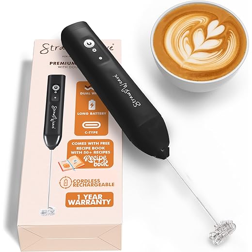 Coffee Frother Electric with Double Whisk | C Type Rechargeable Coffee Maker Machine for Home | 1 Year Warranty | Free Coffee Blender Recipe Book | Big Battery 1 Charge = 15 Days Use