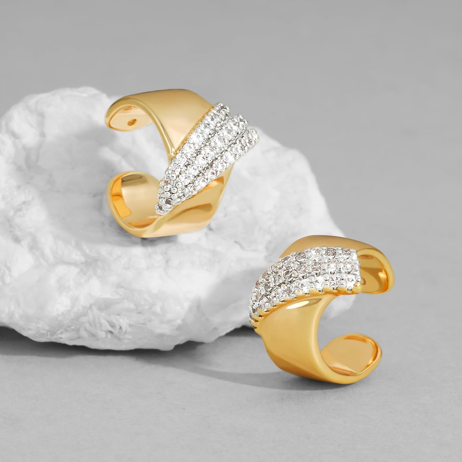 DREMMY STUDIOS Women Ear Cuff Earring Gold Non Pierced Cartilage Clip on Open Wrap Hoop Cubic Zirconia 14K Gold Plated Simple Minimalist Everyday Jewelry - Image 3