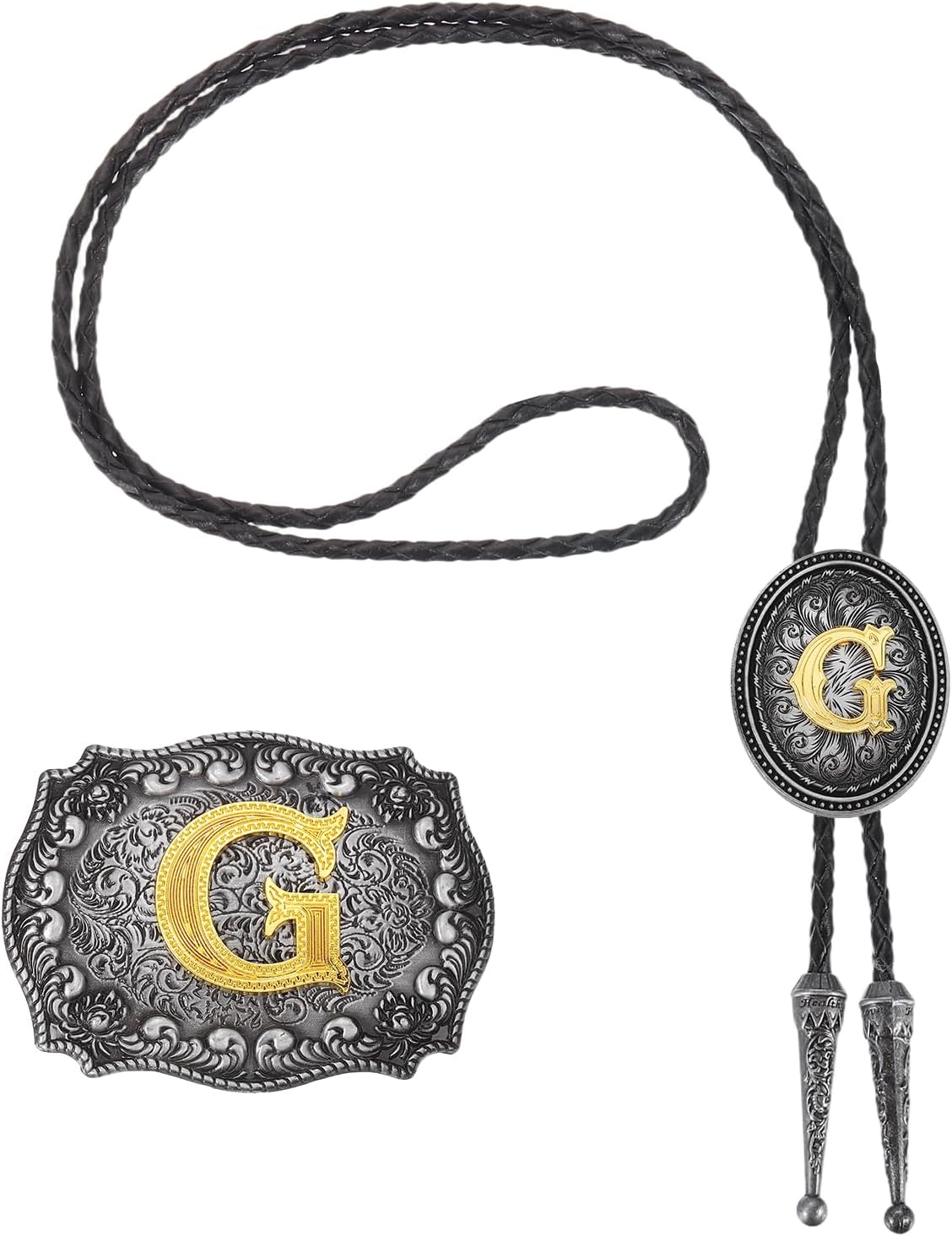 PATIKIL Western Cowboy Bolo Tie and Belt Buckle Set Golden Cowhide Rope Necktie for Costume Traditional Vintage Accessories