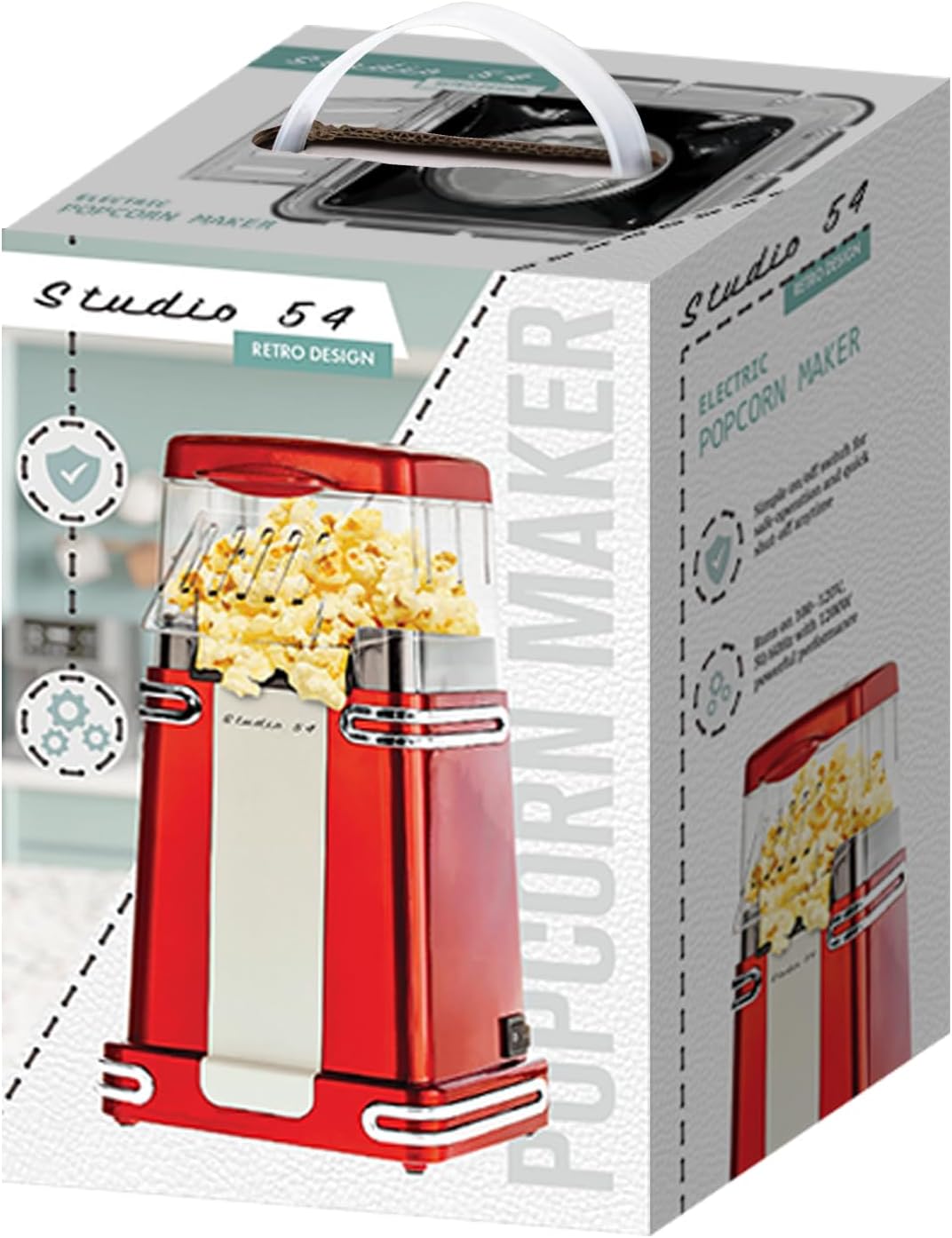 Studio 54 Retro Electric Popcorn Maker – Hot Air Popper, Oil-Free Mini Popcorn Machine with 8-Cup Capacity, 900W Air Popcorn Maker, Compact Countertop Design with Butter Melting Lid, Red