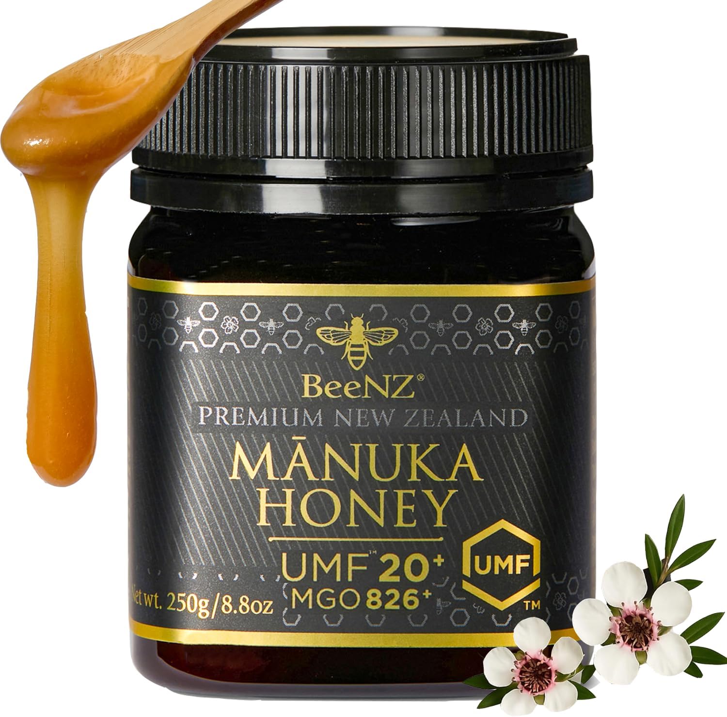 BeeNZ Raw Manuka Honey, Certified UMF 20+ (MGO 829+), Pure New Zealand Manuka, Natural Sweetener, Superfood Honey for Wellness Support, No Sugar Added, Traceable from Hive to Jar, 8.8 oz/250g
