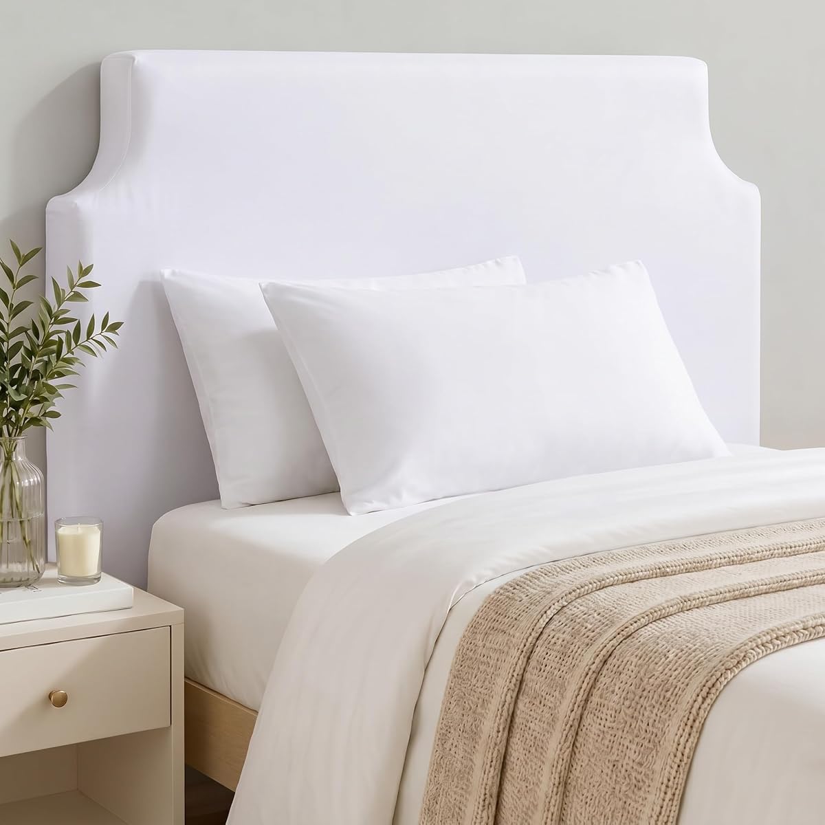 Lineshading Upholstered Twin Size Headboard in White Dorm Bed Twin Headboard with Adjustable Metal Bed Rail Slots Fabric Panel for College Dorm Bedroom Back to School Supplies