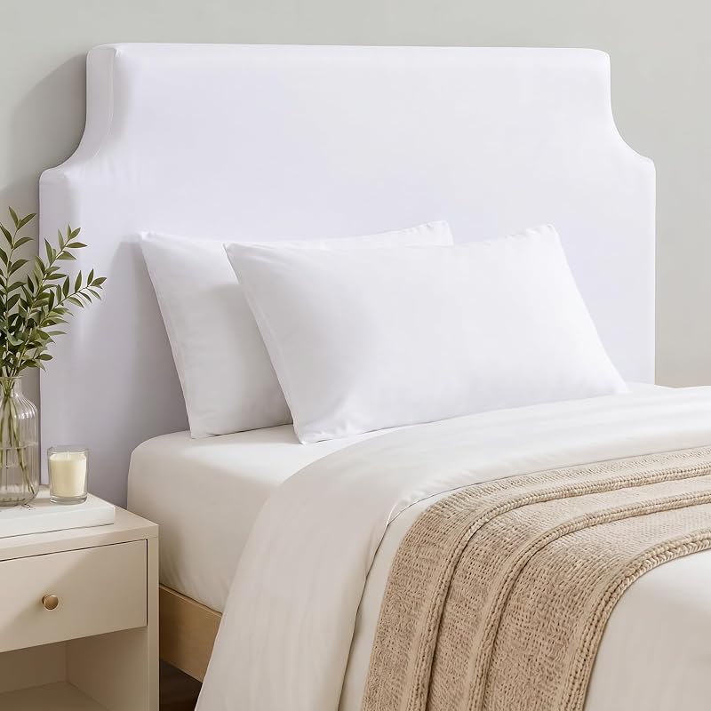 Lineshading Upholstered Twin Size Headboard in White Dorm Bed Twin Headboard with Adjustable Metal Bed Rail Slots Fabric Panel for College Dorm Bedroom Back to School Supplies