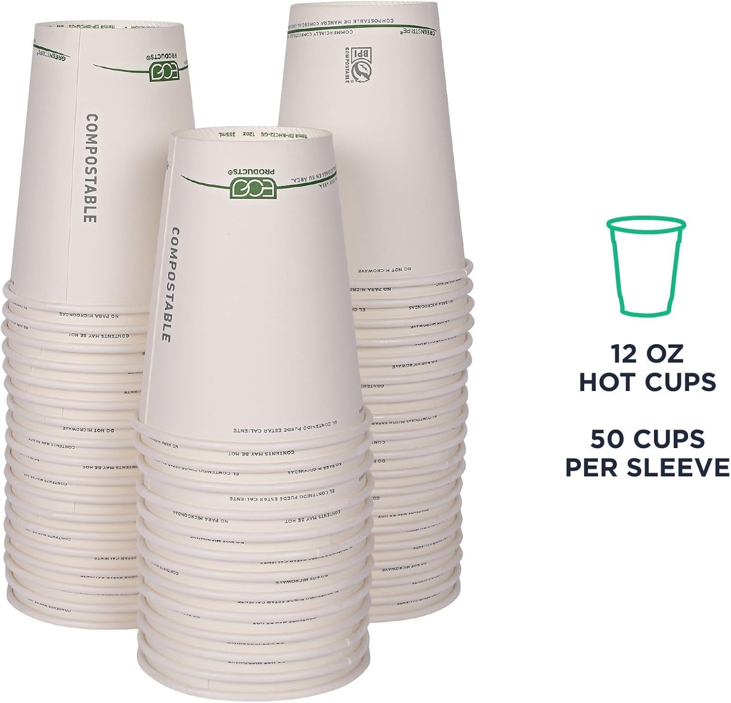 ECO PRODUCTS Compostable Disposable GreenStripe 12oz Coffee Cups, Case of 1000, White Single Wall Hot Paper Cup, Plant Based PLA Lining, Biodegradable
