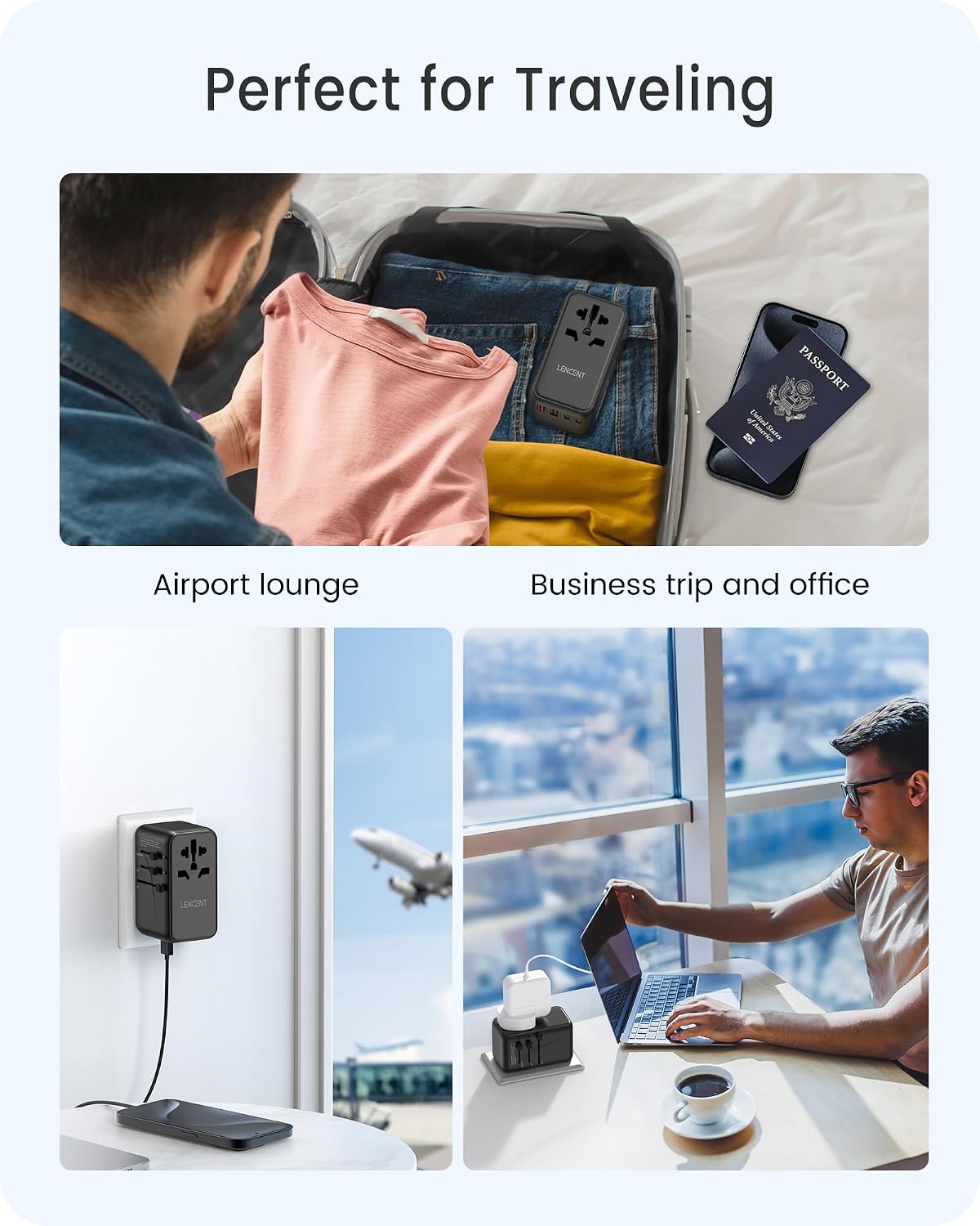 محول سفر عالمي، محول GaN3 دولي 100 واط مع 2 كيو سي 4.0 USB-A+2 PD3.0 نوع C PPS شحن سريع، شاحن حائط لايفون واللابتوب، محول قابس عالمي من لانسينت، أسود | 2 QC4.0 USB-A+2 PD3.0 Type-C PPS Fast Charging, Worldwide Wall Charger for iPhone, Galaxy, Laptop, Plug Adapter USA/UK/EU/AU - الصورة 8