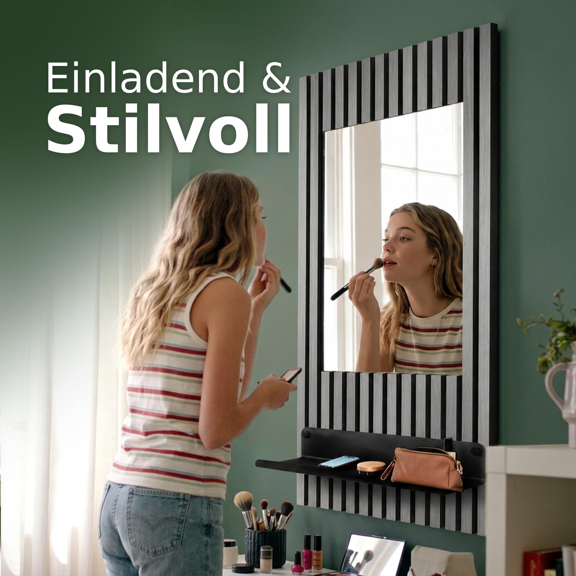 HOME LOVE Wandspiegel Flur mit Ablage 110×55 cm | Spiegel mit Regal für Schlüssel & Deko | Flurspiegel Wand mit höhenverstellbarer Ablage | Garderobenpaneel auch als Badspiegel