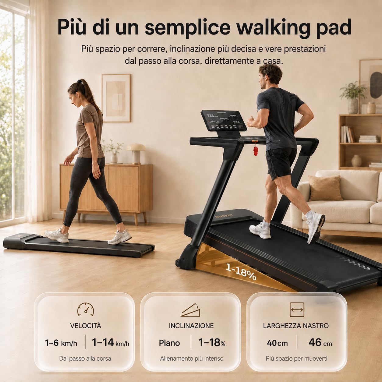 Niceday Tapis Roulant Pieghevole con Inclinazione Automatica 18%, 172 kg | Ampia superficie di corsa, velocità da 1 a 14 km/h, motore brushless silenzioso da 3,0 HP e pratiche maniglie.
