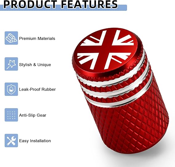 4PCs Tyre Valve Caps,Union Jack Metal Alloy Dust Caps for Car Tyres(Red)