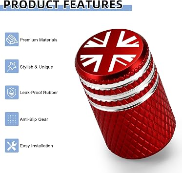 4PCs Tyre Valve Caps,Union Jack Metal Alloy Dust Caps for Car Tyres(Red)