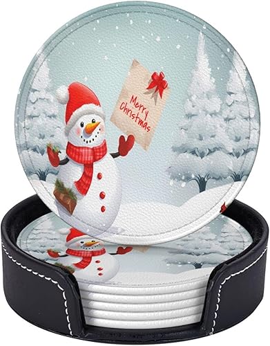 Miniatura 3 de Posavasos de Navidad con diseño de muñeco de nieve y pájaros para bebidas, posavasos de cuero con soporte, 6 unidades, juego de posavasos redondos